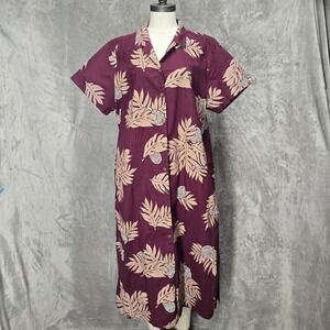 Sig Zane Hilo Hawaii Womens 2XL Maroon Cotton Floral Button Midi Dress
